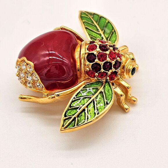 Joan Rivers Apple Bee Brooch Vtg Classics Collection Rhinestone Enamel Pin - Picture 4 of 10
